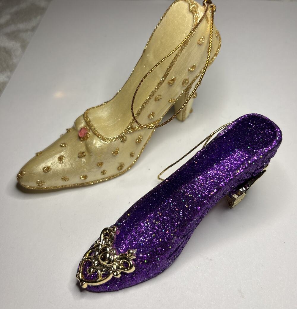 High Heel Shoe Christmas Ornaments Lot 2 Purple Glitter Gold Victorian Style 4”